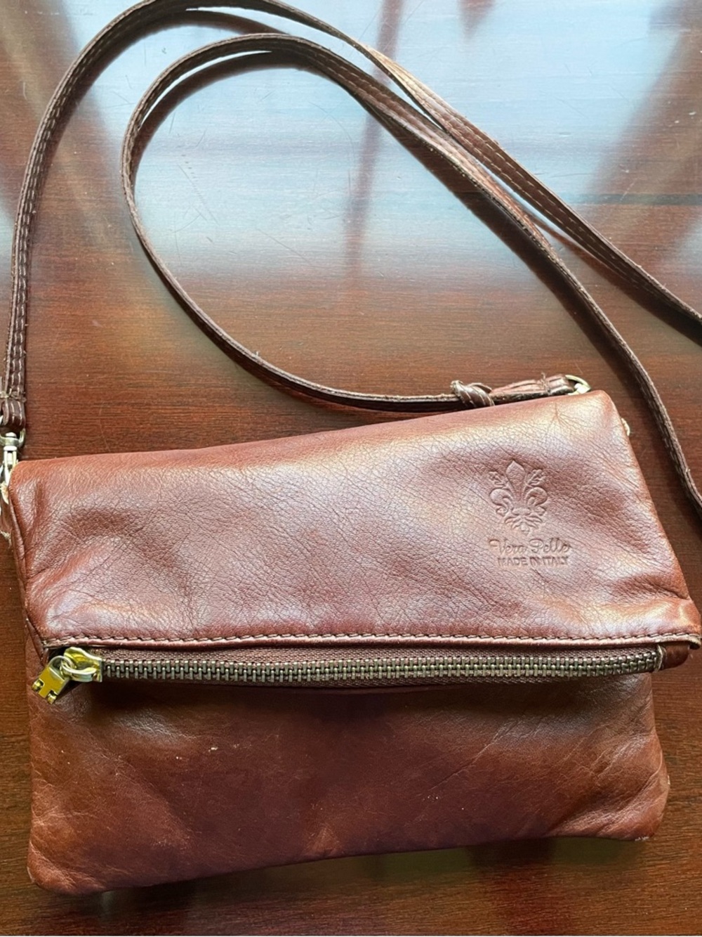 Vera Pelle Made in Italy Brown Leather Foldover Crossbody Clutch Bag